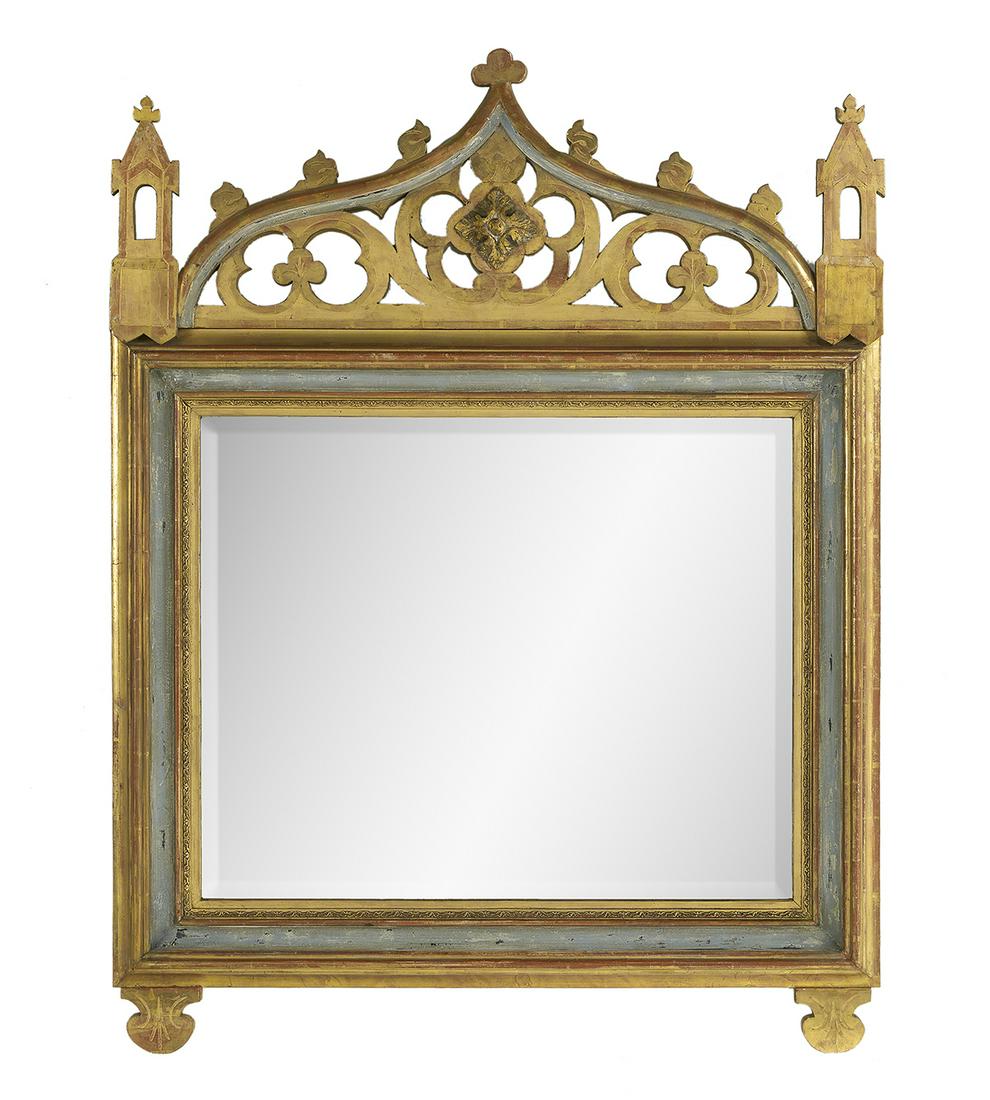 Italian Gothic-Style Polychrome Mirror: Italian Gothic-Style Giltwood and Polychrome Mirror early 20th century, the arched, pierced cornice centered by a patera carving, over a molded frame with shell-carved mirror rests. h. 41", w. 30-1/2"