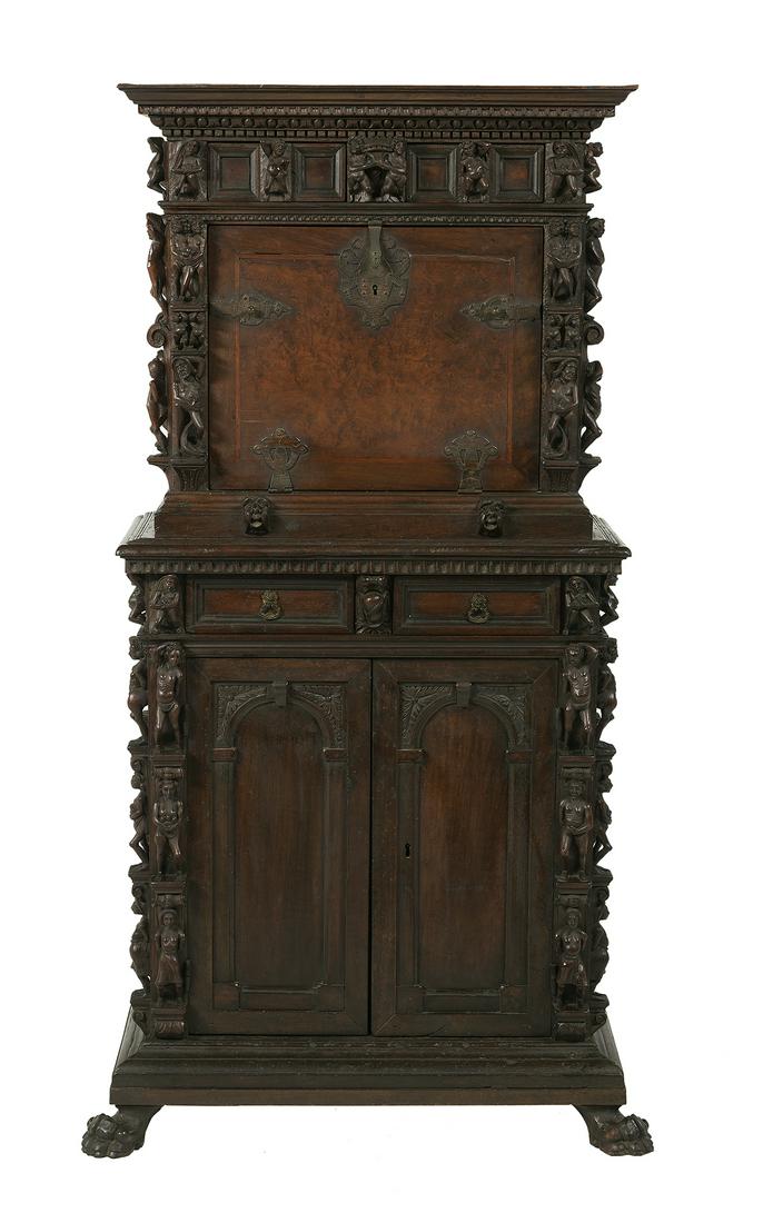 Italian Renaissance-Style Carved Desk-on-Case: Italian Renaissance-Style Carved Desk-on-Case mid-19th century, executed in walnut, in two parts, the upper section with a projecting molded and dentillated cornice, the case molded throughout with fi