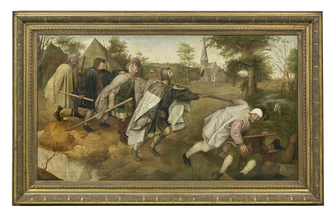 After Bruegel the Elder (Dutch, ca. 1523-1569): After Pieter Bruegel the Elder (Dutch, ca. 1523-1569) "The Blind Leading the Blind" oil on canvas a copy by Egide Godfried Guffens (Belgian, 1823-1901), signed and inscribed lower left "Kopy op doeck 