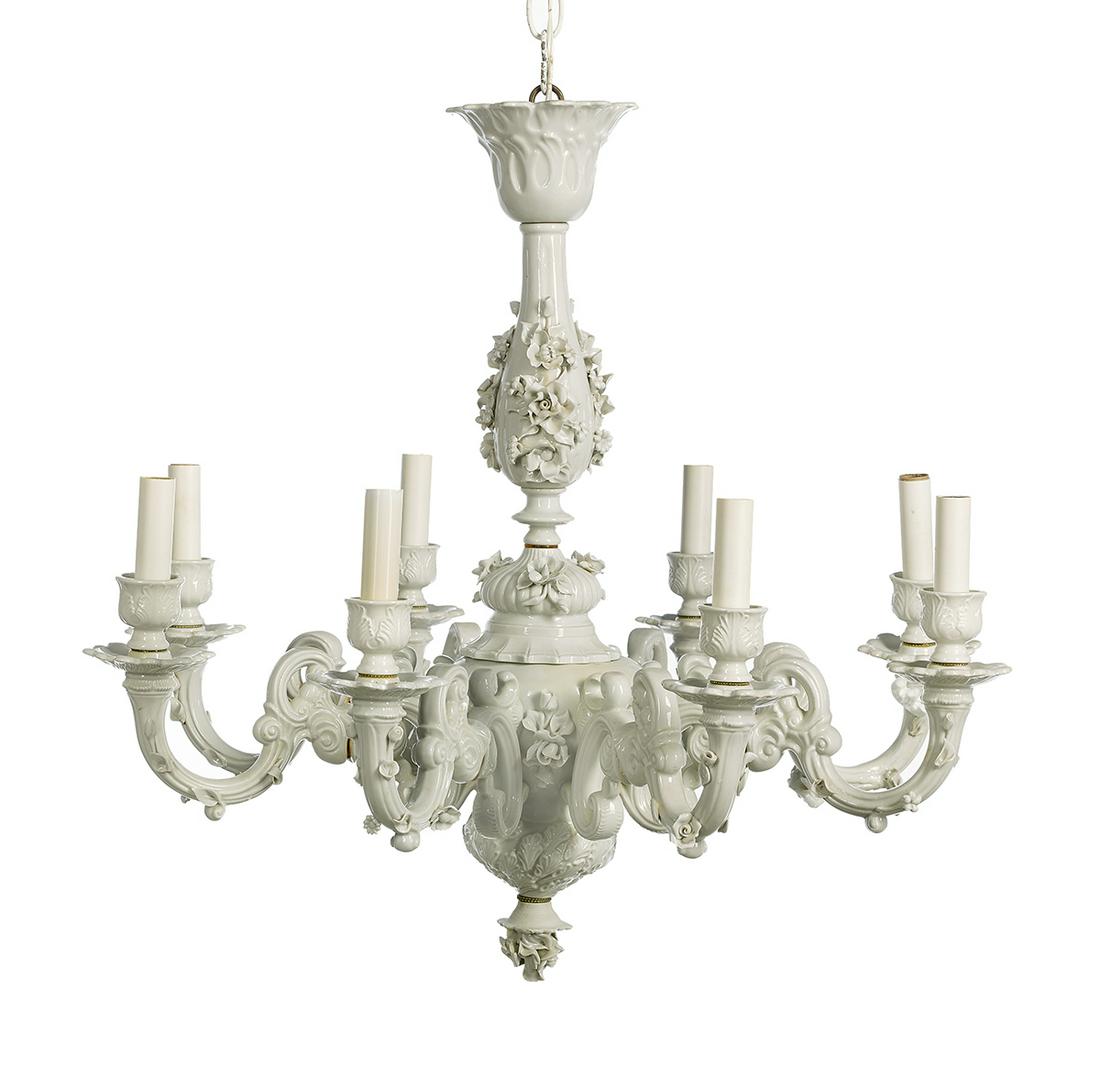 Baroque-Style Blanc de Chine Chandelier: Baroque-Style Blanc de Chine Chandelier 20th century, in the Dresden style, the eight-arm chandelier with applied flowers to the central stem, bowl and arms, electrified. h. 24", dia. 24"