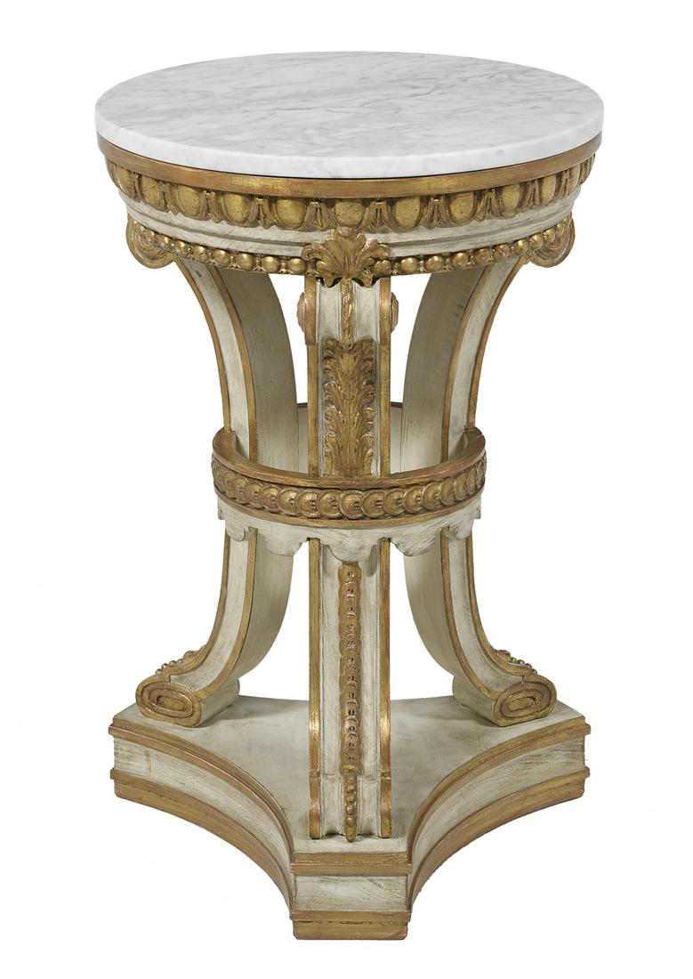 Louis XVI-Style Marble-Top Pedestal: Louis XVI-Style Polychrome, Parcel-Gilt and Marble-Top Pedestal second quarter 20th century, the round variegated white marble top over an egg-and-dart-molded apron, raised on carved, scroll-end and f