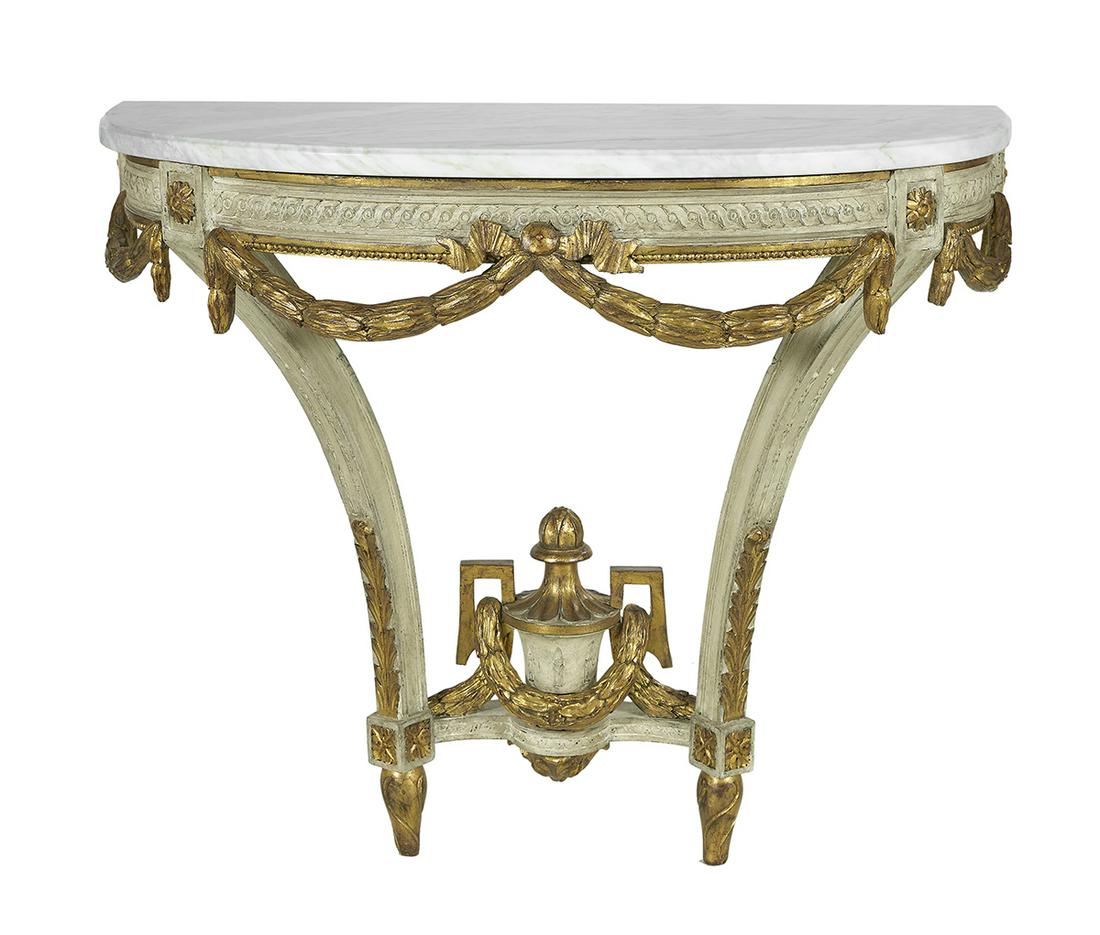 Louis XVI-Style Marble-Top Console Table: Louis XVI-Style Polychrome, Parcel-Gilt and Marble-Top Console Table 19th century, the demi-lune Carrara marble top over a conforming guilloche- and swag-carved frieze, raised on tapering, acanthine-c