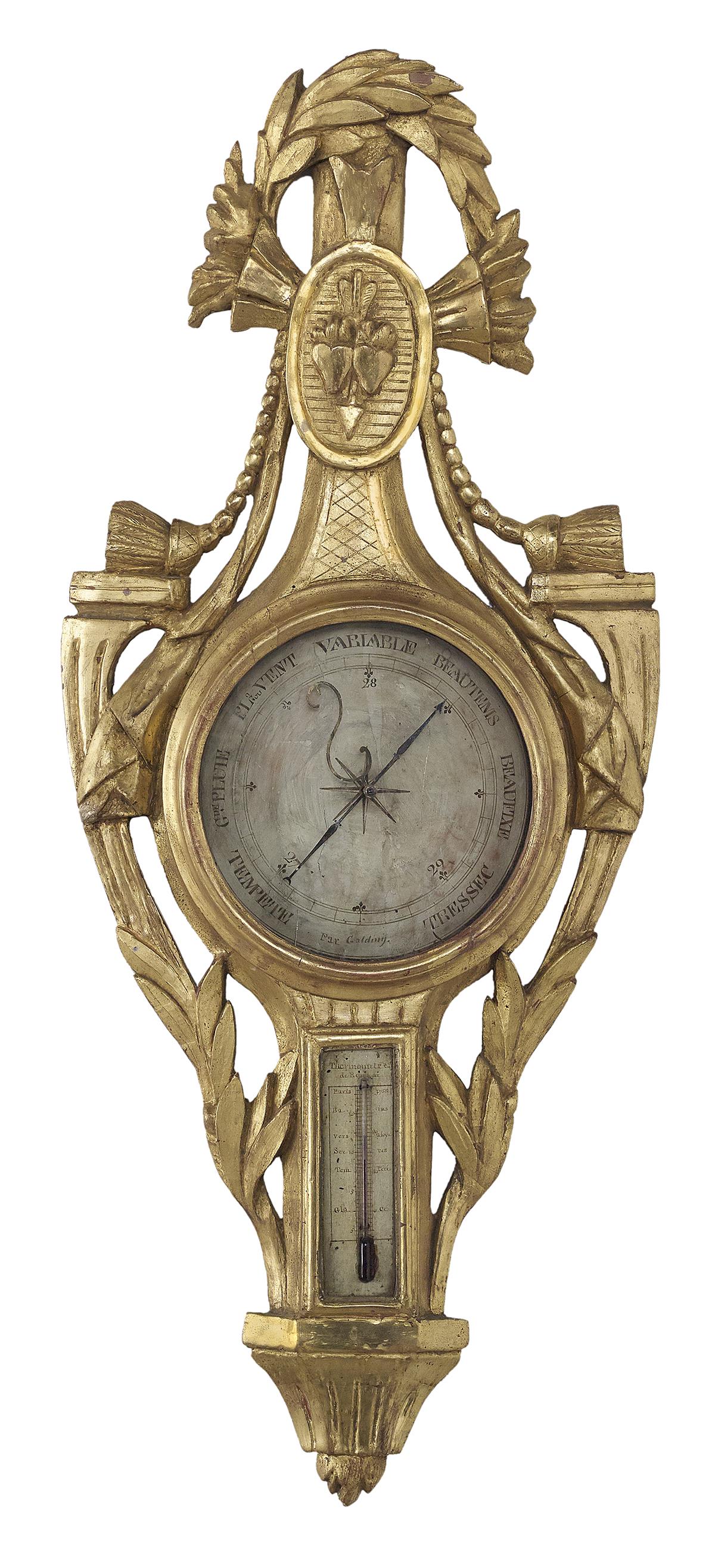 French Giltwood Barometer: French Giltwood Barometer fourth quarter 18th century, the crest with a plaque of two hearts pierced by an arrow, beneath a laurel spray and flanked by tassels, the hand-painted dial signed "Par Galdi