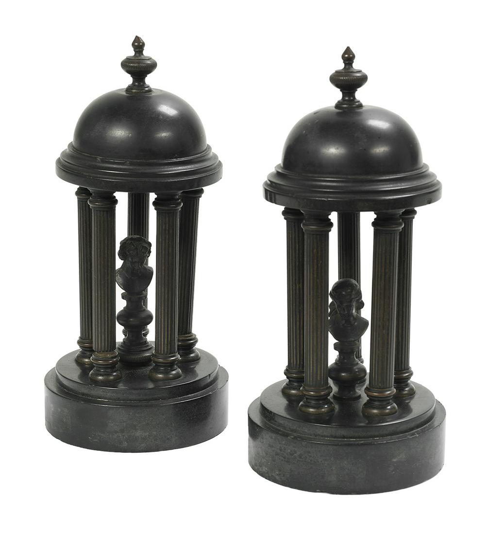 Pair of Italian Grand Tour Temple-Form Garnitures: Pair of Italian Grand Tour Temple-Form Garnitures fourth quarter 19th century, the marble bases and caps set with brass columns and bronze busts of the Goddess Diana. h. 9-3/4", dia. 4-1/2" Provenance