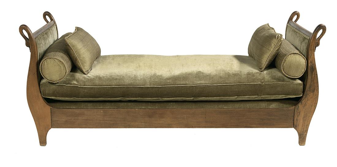 Louis-Philippe Beechwood Lit du Jour: Louis-Philippe Beechwood Lit du Jour second quarter 19th century, the ends of sleigh form, the upholstered headboard and footboard on shaped posts terminating in swan's heads, now fitted with a loose
