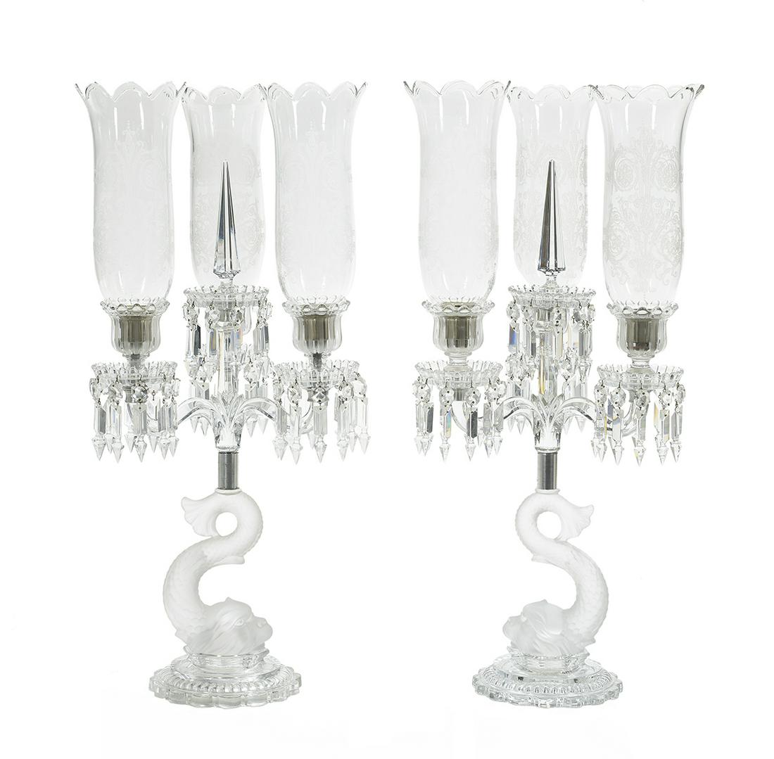 Pair of Baccarat Dolphin-Molded Candelabra: Pair of Baccarat Crystal Dolphin-Molded Candelabra 20th century, French, the frosted dolphin-form standards set with arms supporting candle sockets fitted with partially frosted prism rings, hung with