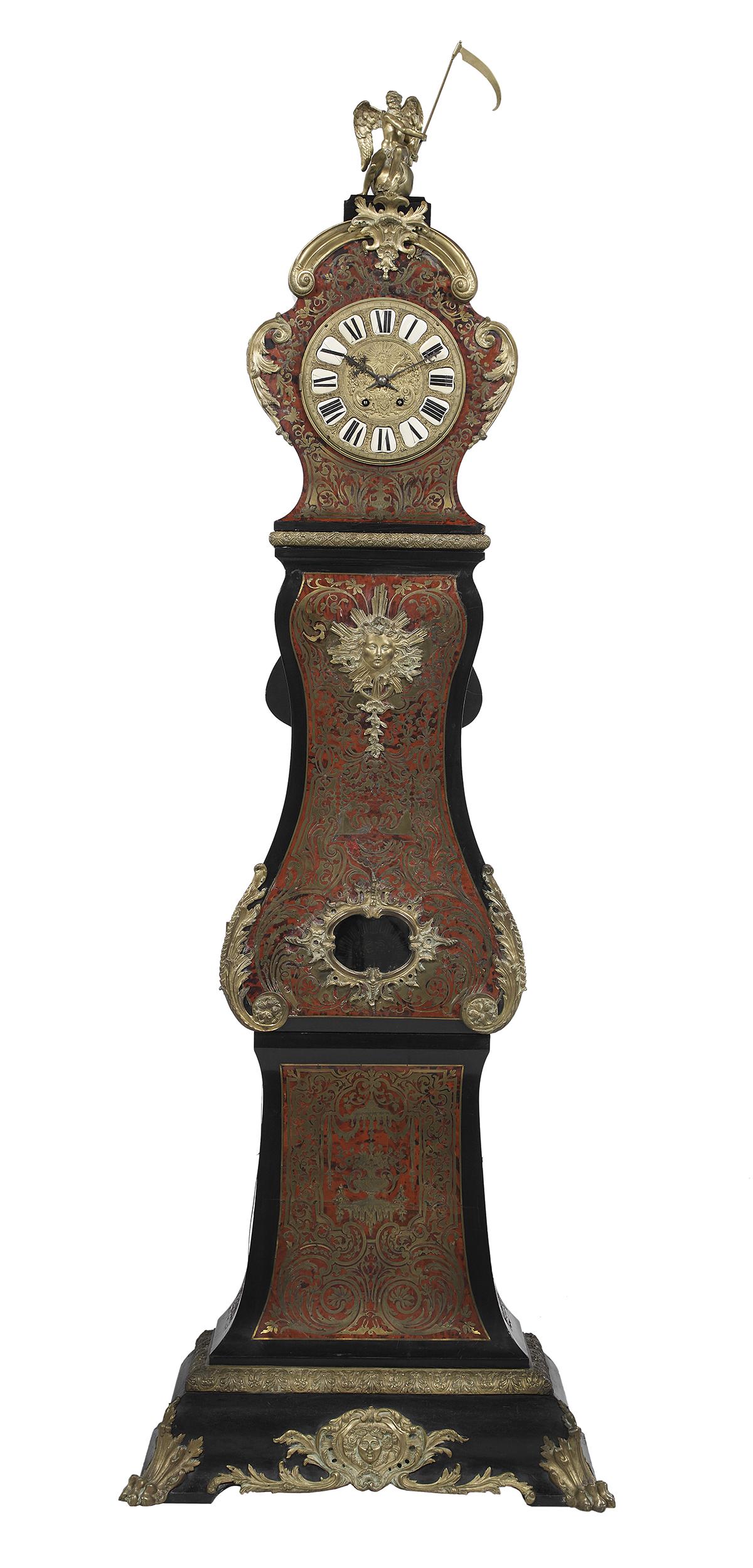 Napoleon III Ormolu-Mounted Tall Case Clock: Napoleon III Ebonized, Boulle and Ormolu-Mounted Tall Case Clock third quarter 19th century, of bombe form, the hood with the figure of Chronos seated on a bronze ball, the face fitted with Roman nume