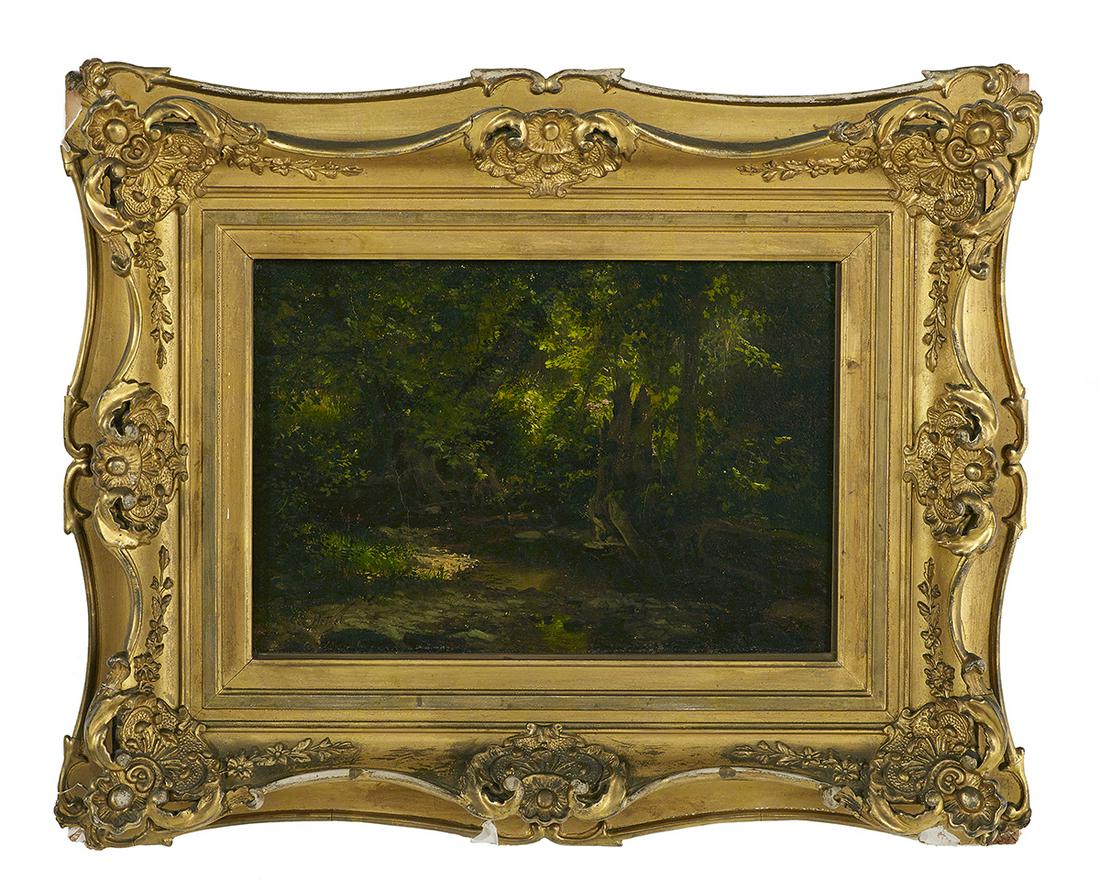 George Hetzel(US, 1826-1899): George Hetzel (American, 1826-1899) "Wooded Landscape with a Creek" oil on board signed lower left. Framed. 8-5/8" x 12", framed 16" x 19" Provenance: The Estate of The Honorable Lloyd & Beryl Ann Ben