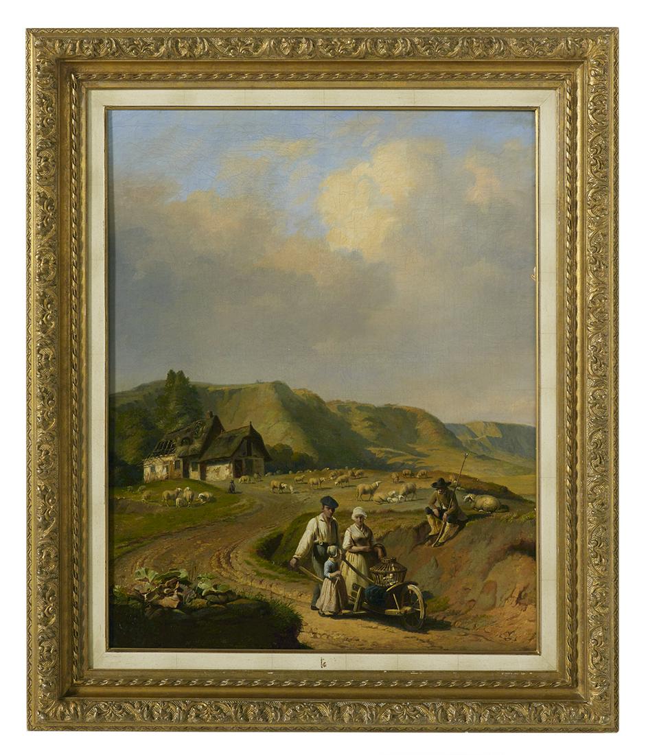 Henri de Pratere (Belgian, 1815-1890): Henri de Pratere (Belgian, 1815-1890) "Family on the Road to the Market" oil on canvas signed lower left. Framed. 32" x 26", framed 41" x 34"