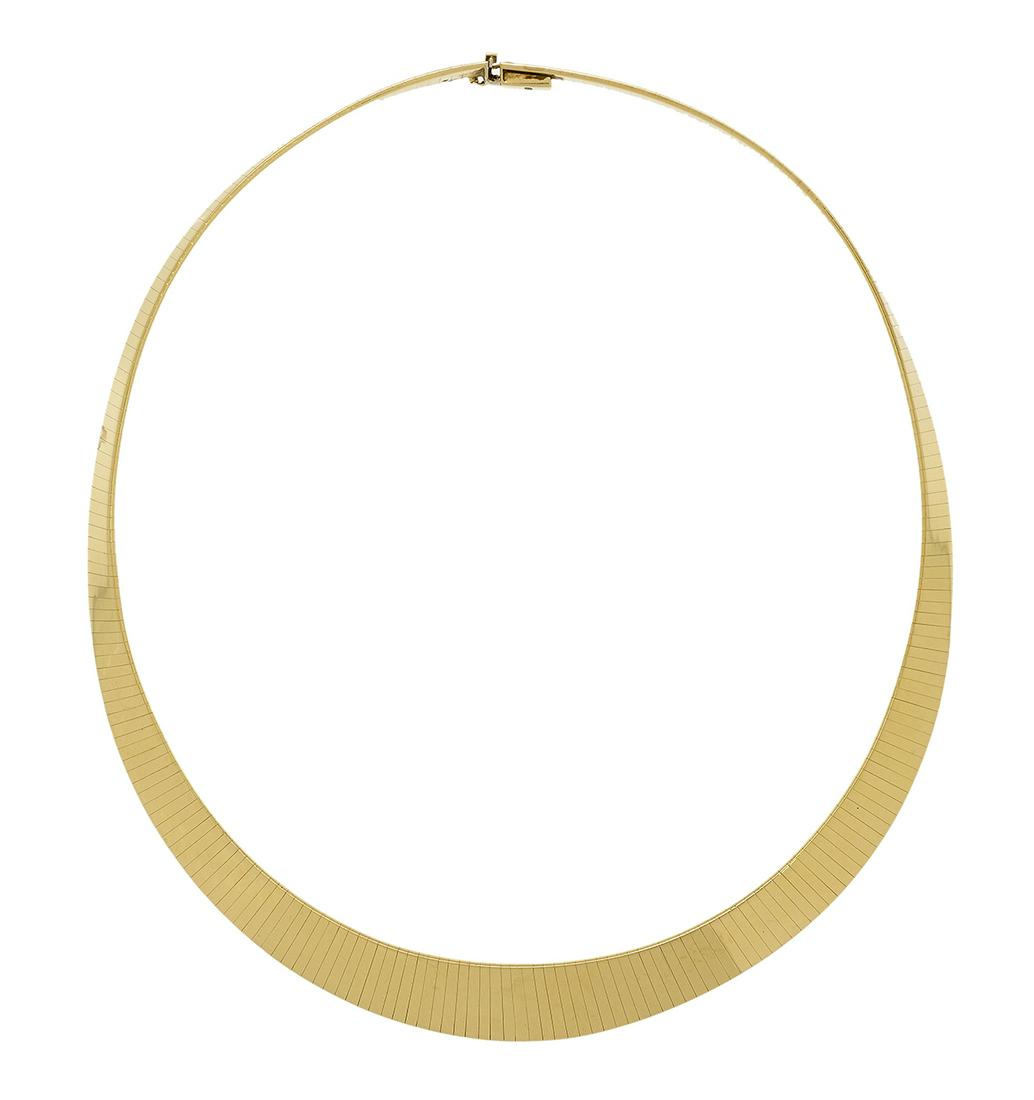 Gold Necklace: Gold Necklace 14k yellow gold, the flat tapered necklace with a polished finish. l. 17-1/4", total weight 69.4 grams Provenance: Estate of Russell C. Klein, M.D. and Donna Guinn Klein.
