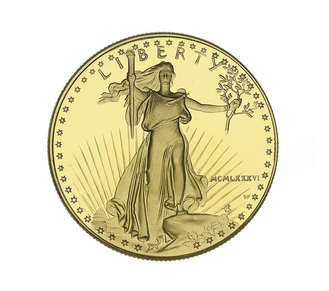 American Eagle 1 Oz. Fine Gold $50 Proof Coin: American Eagle 1 Oz. Fine Gold $50 Proof Coin 22k yellow gold, with outer case and booklet. Provenance: The Estate of The Honorable Lloyd & Beryl Ann Bentsen.