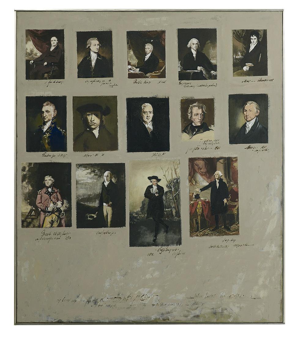 George Deem (US, 1932-2008): George Deem (American, 1932-2008) "A Limited Guide to Famous Portraits", July 1964 oil on canvas signed, titled and dated en verso. Framed. 42" x 36", framed 43" x 37" Provenance: The Estate of The Ho