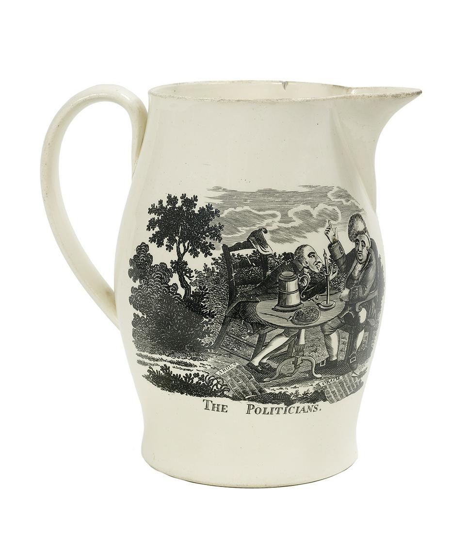 Liverpool-Type Transfer-Printed Creamware Jug: Rare Liverpool-Type Transfer-Printed Creamware Jug first quarter 19th century, possibly Herculaneum, the small jug decorated with "The Politicians" on the obverse and a view of "Merry Andrew" on the r