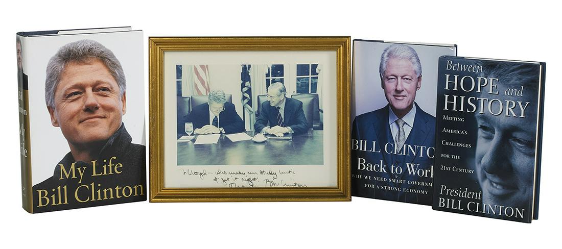 Bill Clinton Autographed Books and Photograph: Bill Clinton Autographed Books and Photograph including copies of Between Hope and History, My Life and Back to Work: Why We Need Smart Government for a Strong Economy, with a photograph of Clinton w