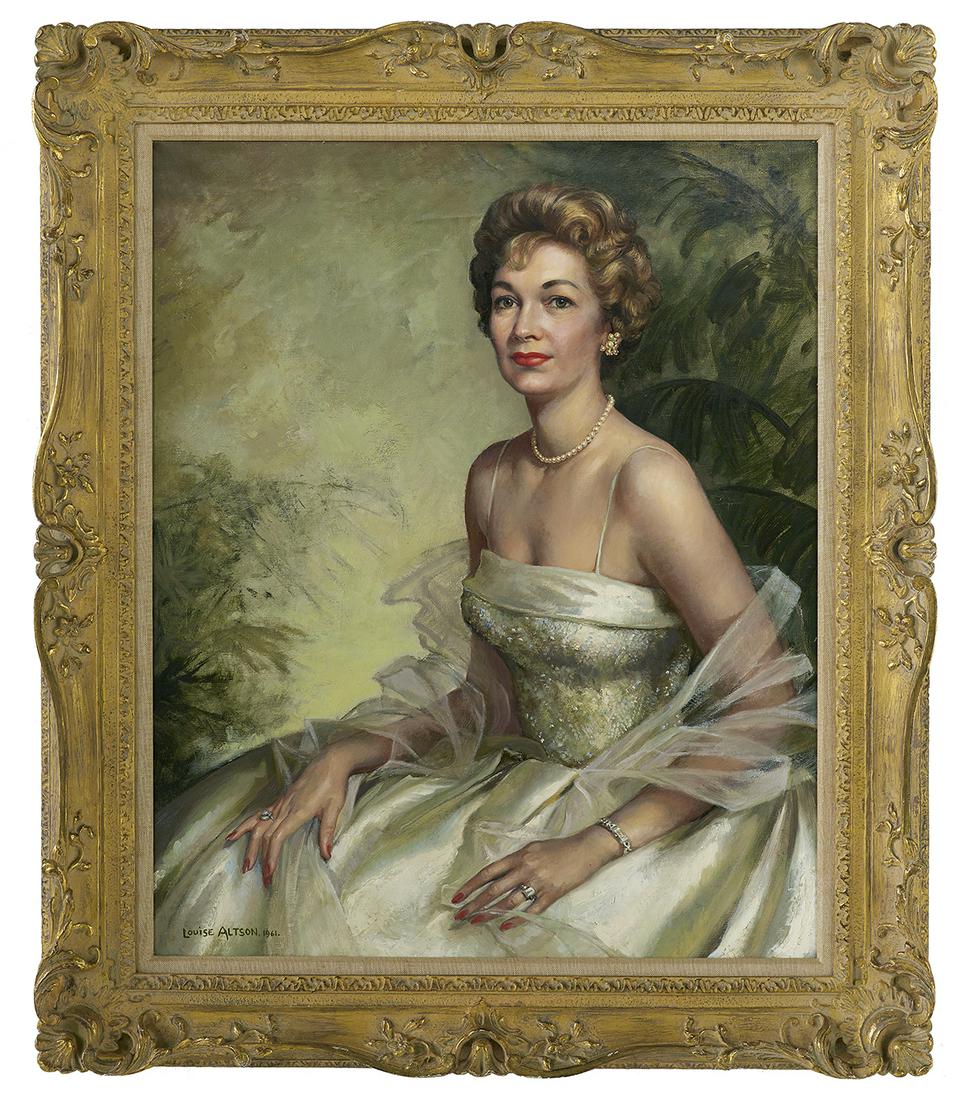 Louise Altson (US, 1910-2010): Louise VandenBergh Altson (Belgian/American, 1910-2010) "Portrait of Beryl Ann Longino (Mrs. Lloyd) Bentsen in a Pearl White Silk Gown", 1961 oil on canvas signed and dated lower left. Framed. 32" x 2