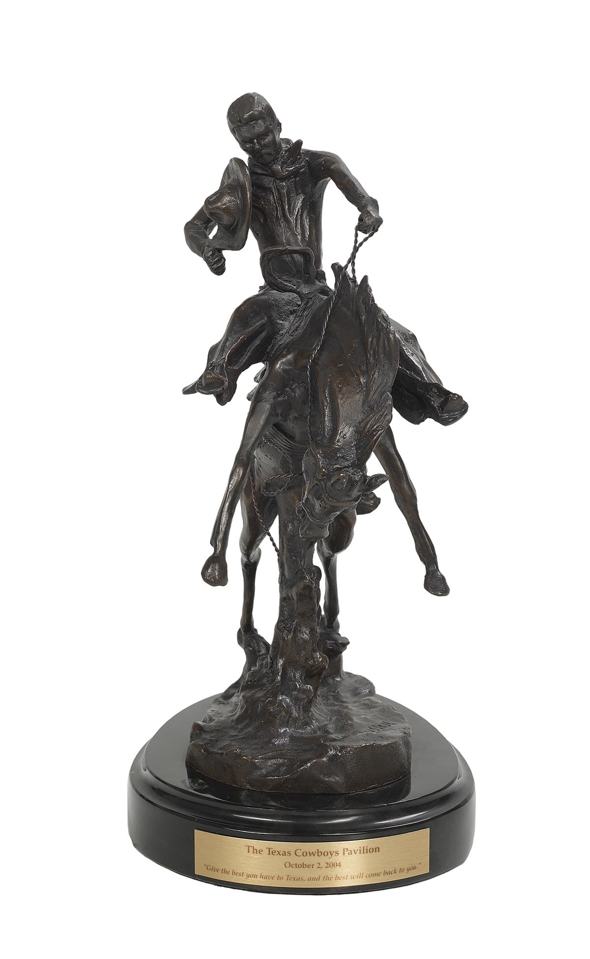 Aft. Charles Marion Russell (American, 1864-1926): After Charles Marion Russell (American, 1864-1926) "The Bronc Twister" patinated bronze cast signature along front of self-base, with presentation plaque reading "The Texas Cowboys Pavilion, October 2