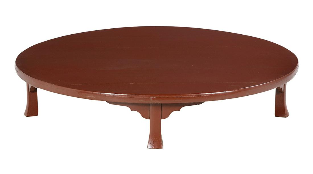 Large Japanese Wood and Red Lacquer Low Table: Large Japanese Wood and Red Lacquer Low Table late Meiji period, fourth quarter 19th/first quarter 20th century, the large circular-form paneled top raised on four short legs terminating in splayed fe