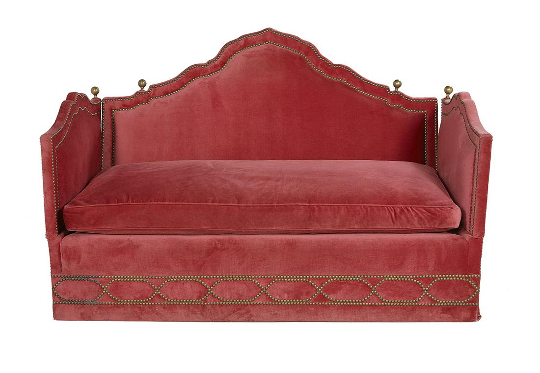 Brass-Mounted Velvet Knole Sofa: Brass-Mounted Velvet Knole Sofa the upholstered back with an arched crest rail flanked by spherical brass finials, with serpentine closed arms and fitted with a loose seat cushion, adorned throughout 