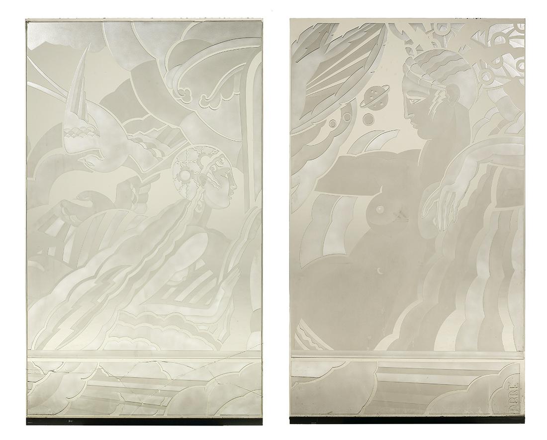 Two Art Deco Revival Glass Panels: Two Art Deco Revival Glass Panels After Dennis Abbe (American, 1941-1995) each smoke-colored glass panel depicting a female figure, one with birds and the other nestled in plants against a night sky,
