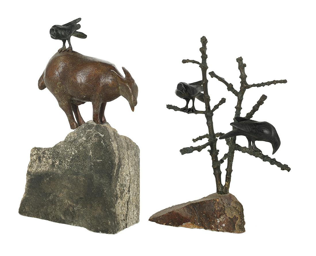 Peter Woytuk (US, b. 1958): Peter Woytuk (American, b. 1958) "Raven on Goat" "Raven Tree" two patinated bronze and naturalistic rock sculptures former h. 11", w. 7-1/2", d. 3"; latter h. 9-1/2", w. 8-1/4", d. 5-1/2"