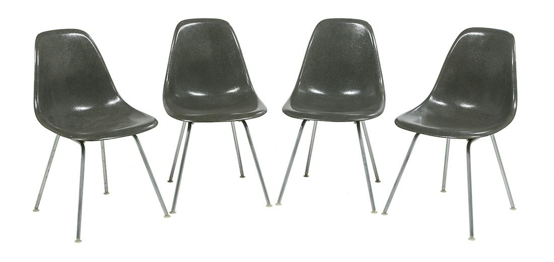 Four Charles & Ray Eames "Shell" Side Chairs: Four Vintage Charles and Ray Eames for Herman Miller "Shell" Side Chairs ca. 1960, with elephant gray fiberglass seats, on tubular chromed steel legs with white disc feet, each with an original paper