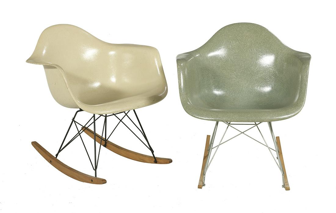 Two Charles & Ray Eames/Herman Miller RAR Chairs: Two Charles and Ray Eames for Herman Miller RAR Chairs designed in 1950, each rocking chair of molded fiberglass, zinc-plated on black oxide steel, birch and rubber, including a grayish/green chair re