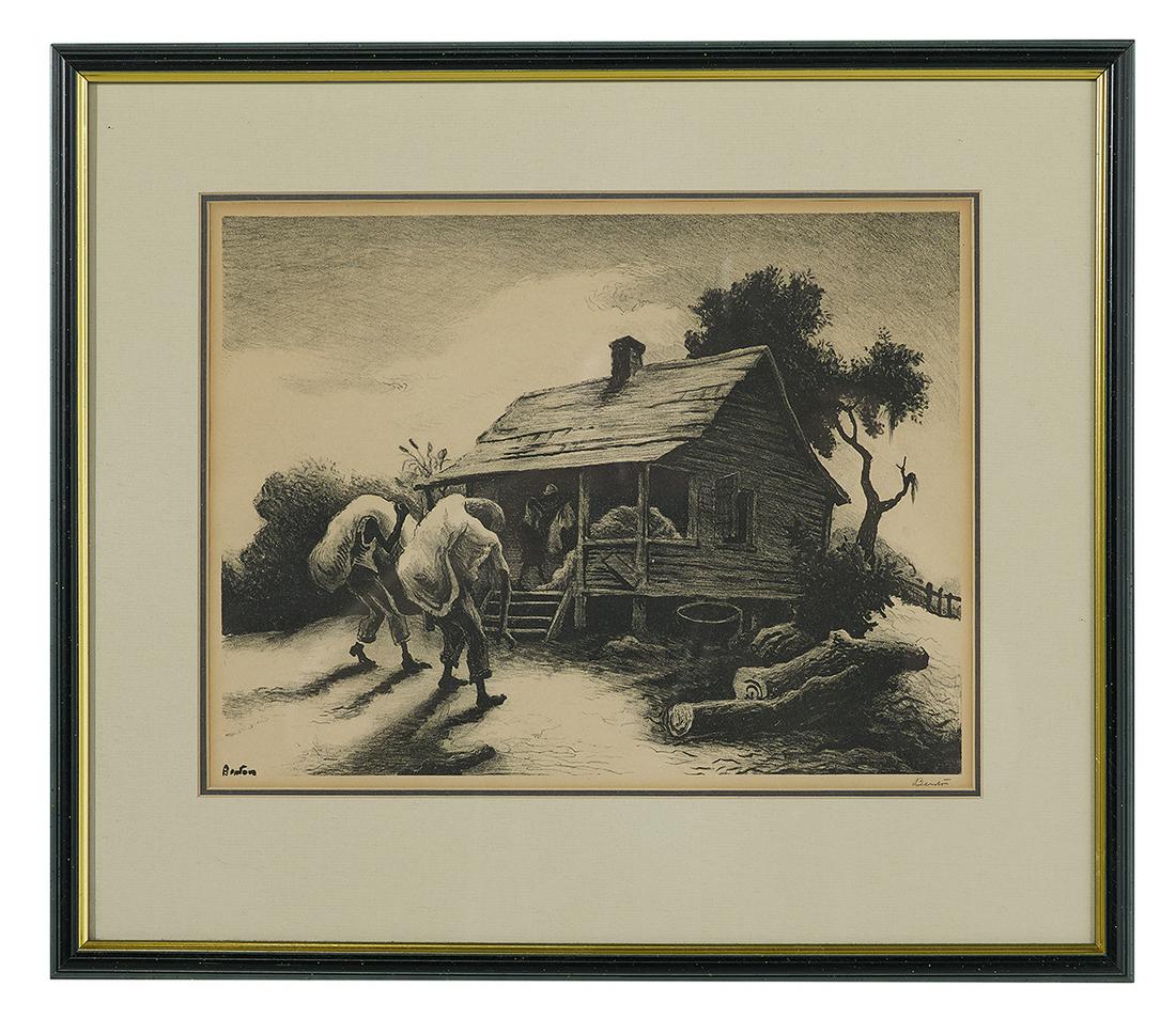 Thomas Hart Benton (US, 1889-1975): Thomas Hart Benton (American, 1889-1975) "Back from the Fields", 1945 lithograph pencil-signed lower right, published by Associated American Artists. Matted, glazed and framed. sight 10" x 13-1/4", fr