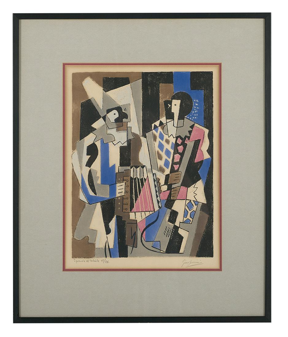 Gino Severini (Italian, 1883-1966): Gino Severini (Italian, 1883-1966) "Commedia dell'Arte" lithograph in colors signed in pencil lower right, numbered "IV/XX" lower left. Matted, glazed and framed. sight 16" x 12", framed 24-3/4" x 20-