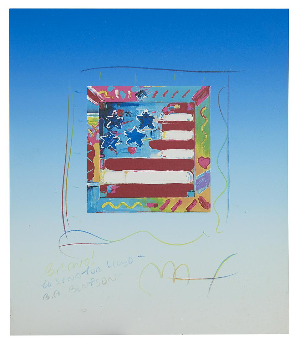 Peter Max (US, b. 1937): Peter Max (American, b. 1937) "American Flag" mixed media on paper signed lower right, with dedication lower left "Bravo! to Senator Lloyd & B.A. Bentsen". Unframed. 14" x 12" Provenance: The Estate o