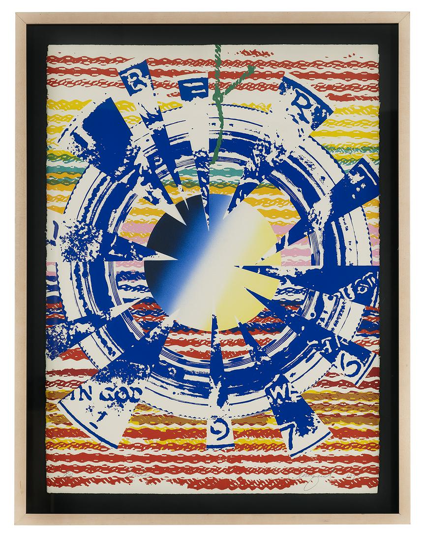 James Rosenquist (US, 1933-2017): James Rosenquist (American, 1933-2017) "Miles", 1975 color screenprint with pochoir on Arches paper pencil-signed and dated lower right, numbered "164/200" and titled lower left. Float-mounted, glazed