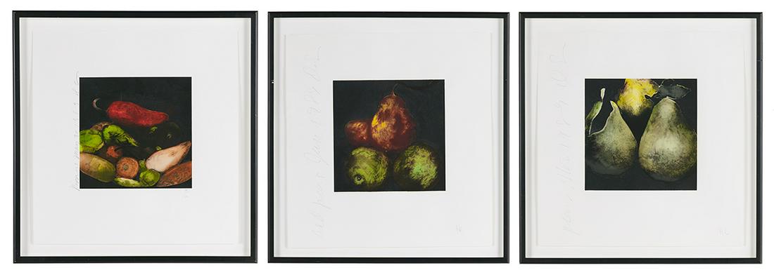 Donald Keith Sultan (US, b. 1951): Donald Keith Sultan (American, b. 1951) "Peppers, May 30, 1989" "Pears, November 1989" "Red Pears, June 1989" three silkscreens each pencil-titled and initialed along left edge, first numbered "75/100