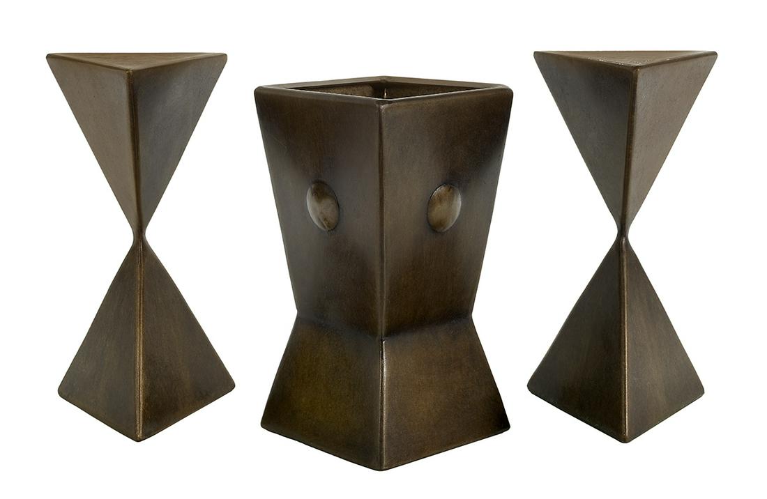 Rod Kagan (US, b. 1940): Rod Kagan (American, b. 1940) "Totems", 2002 three patinated bronze items including a vase and two pedestals; the vase with incised signature and date at bottom. each h. 11-1/2", vase w. 6", d. 6", ea