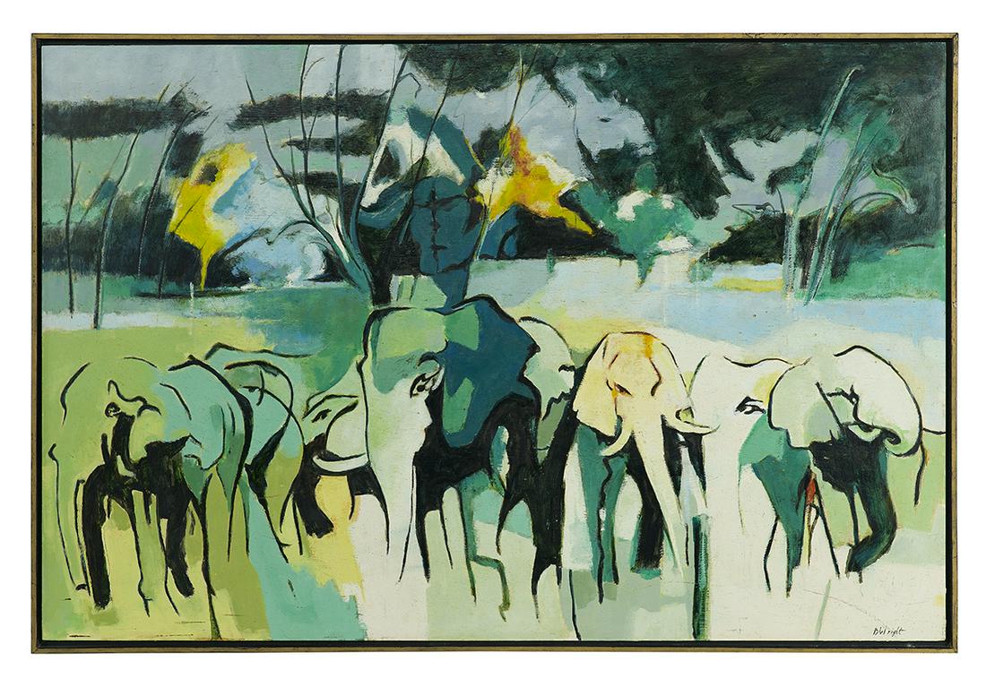 Barbara Wright (US, Contemporary): Barbara Wright (American, Contemporary) "Herd of Elephants" oil on masonite signed lower right. Framed. 32" x 48", framed 33-1/4" x 49-1/4" Provenance: The Estate of The Honorable Lloyd & Beryl Ann Be