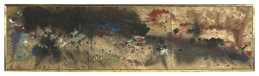 Zita Feger Querido (US/Austrian, 1917-2003): Zita Feger Querido (American/Austrian, 1917-2003) "Manhattan", 1950 oil on canvas inscribed en verso stretcher "Querido" with "The House of Heydenryk, New York, N.Y." framer's label. Framed. 28" x 108