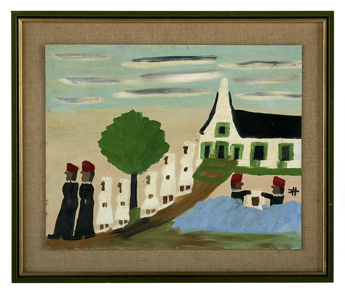 Clementine Hunter (US/Louisiana, 1886/87-1988): Clementine Hunter (American/Louisiana, 1886/87-1988) "Church Procession and Baptism" oil on canvas board monogrammed lower right. Framed. 16" x 20", framed 21" x 25" Notes: We are grateful to Mr. Tom 