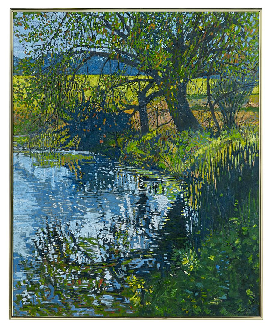 Tim Saska (US/Texas, 1935-2006): Tim Saska (American/Texas, 1935-2006) "Mill Pond Reflections", 1980 acrylic on canvas signed lower right, titled and dated on stretcher, "Petro-Lewis Corporation" label on frame backing. Framed. 44" x