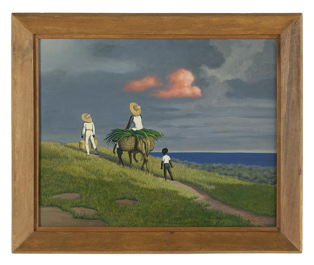 Kyra Markham (US, 1891-1967): Kyra Markham (American, 1891-1967) "Haitian Scene", 1962 oil on masonite signed lower right. Framed. 24" x 30", framed 29" x 35"