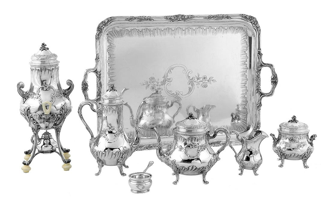 Impressive French Belle Epoque Silver Tea Set: Impressive French Belle Epoque Silver Tea Set first quarter 20th century, by Tetard Freres, Paris, first standard (.950) silver, including: a hot water urn, h. 16-1/4", w. 6-1/2"; a coffeepot, h. 11-1