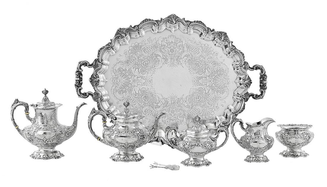 Reed & Barton "Francis I" Sterling Silver Tea Set: Reed & Barton "Francis I" Sterling Silver Tea Set the pattern designed in 1907 by Ernest Meyers, Taunton, Massachusetts, this set 1948, including a coffeepot, h. 9-1/4", l. 10-1/4", a teapot, h. 8-1/4