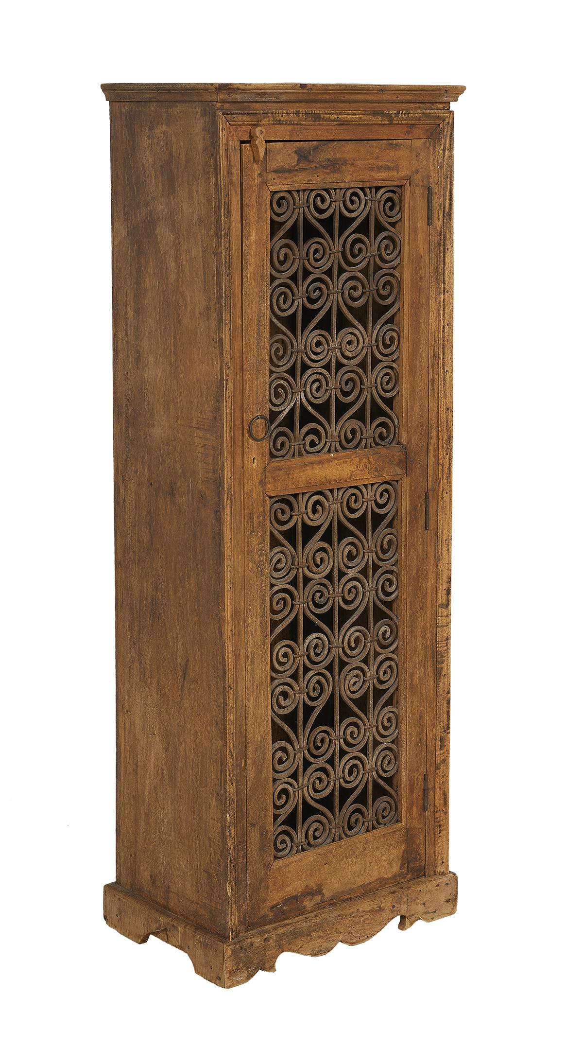 Continental Hardwood Cabinet: Continental Hardwood Cabinet 20th century, in the Italian Renaissance taste, the single framed door with inset wrought iron grilles, the interior with a medial shelf, raised on a scalloped base. h. 55