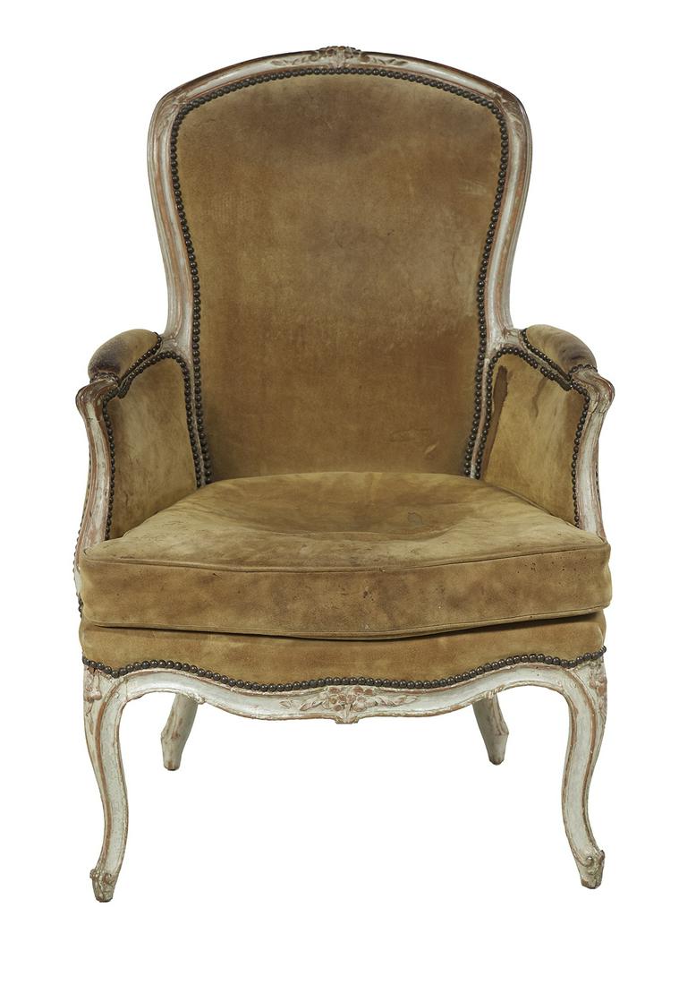 Louis XV-Style Painted Bergere: Louis XV-Style Painted Bergere 19th century, the molded back with a floral-carved crest, joined to scroll arms on shaped molded supports, a serpentine seat and cabriole legs. h. 37-3/4"