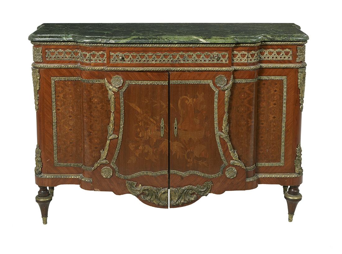 Louis XVI-Style Marble-Top Commode: Louis XVI-Style Marquetry-Inlaid Mahogany and Marble-Top Commode the verde marble top with molded edges and a projecting center, above a conforming case with a drawer over a pair of doors, adorned wit