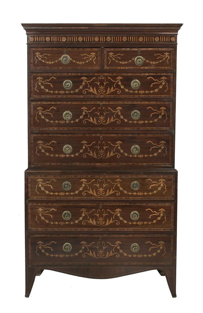 Edwardian Mixed Woods Chest-on-Chest: Edwardian Inlaid Mahogany and Mixed Woods Chest-on-Chest comprised of antique elements, with a molded cornice above an inlaid frieze, the upper case with two side-by-side drawers over three graduated 