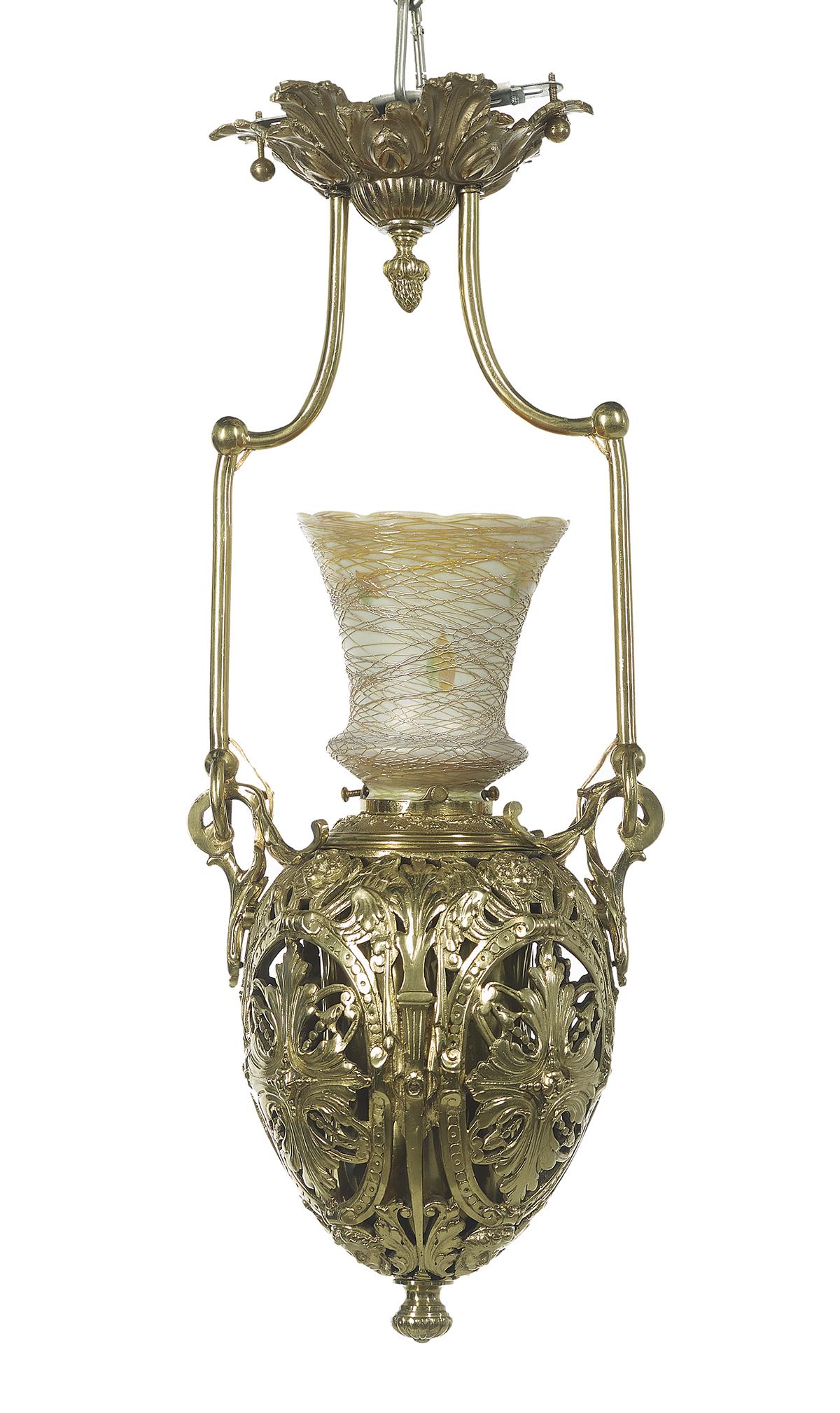 Brass and Glass Pendant Hall Chandelier: Brass and Glass Pendant Hall Chandelier second quarter 20th century, the base molded and pierced in the rococo taste, set with a gold threaded art glass shade. h. 21-3/4", w. 8-1/4", d. 5-3/4"
