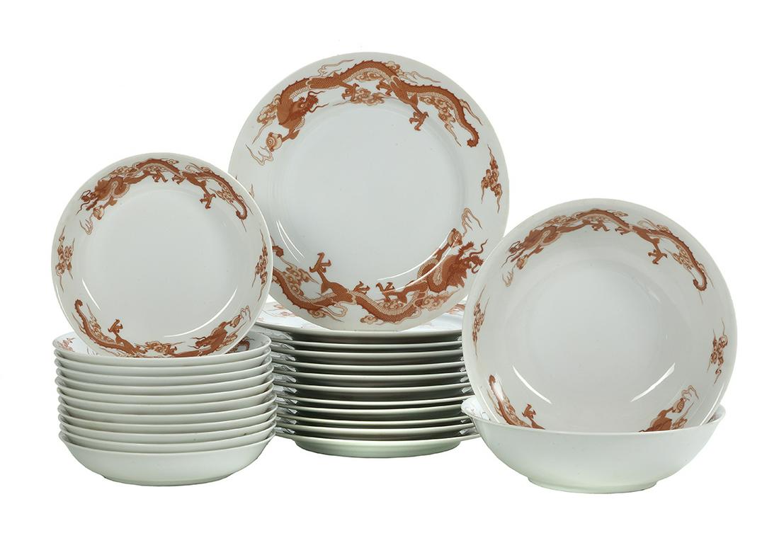 Fukagawa for Tiffany & Co."Red Dragon" Dinnerware: Collection of Fukagawa for Tiffany & Co. "Red Dragon" Dinnerware Japanese, 20th/21st century, including twelve dinner plates, dia. 10-1/4", twelve fruit/cereal bowls, dia. 7-1/4", and a pair of open v