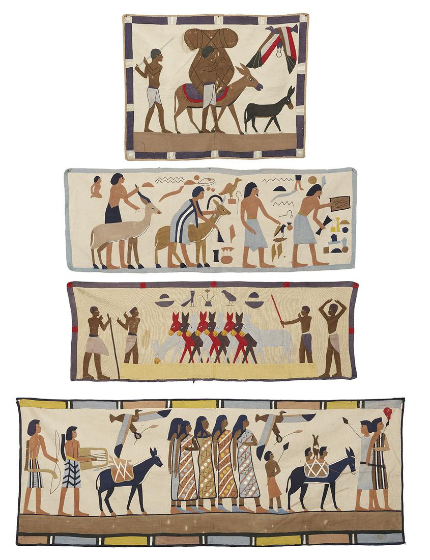 Group of Four Egyptian Tapestries: Group of Four Egyptian Tapestries first half 20th century, each on linen, depicting ancient Egyptian motifs, hand-crafted by villagers for the tourist trade. 74-1/2" x 26-3/4", 53-1/2" x 19", 53-1/2" 