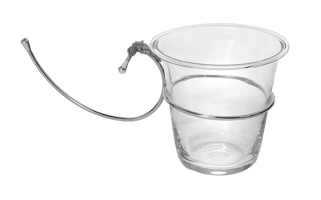 Blown Crystal & Chrome-Plated Metal Wine Cooler: Unusual Blown Crystal and Chrome-Plated Metal Wine Cooler 20th century, the scrolled chrome holder decorated with molded grapes. h. 8-3/4", dia. 9-1/2", overall w. with holder 20"