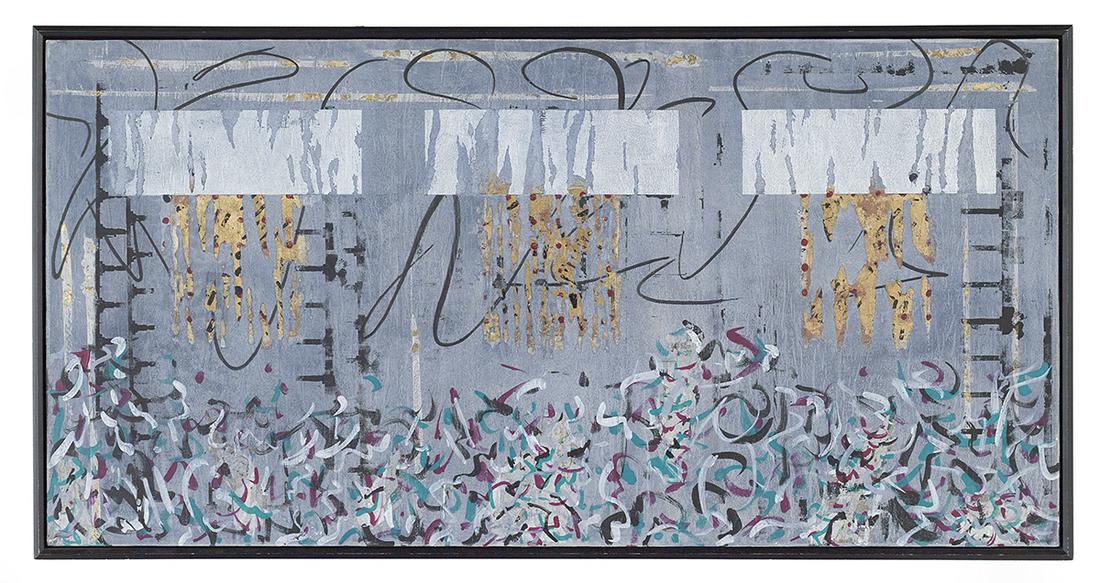 Elizabeth Chandler (American, b. 1941): Elizabeth Chandler (American, b. 1941) "Maya: Blue and Gray", 1994 mixed media on canvas now backed with a wood panel support, signed and dated lower right, a "Gremillion/Houston, Texas" gallery label
