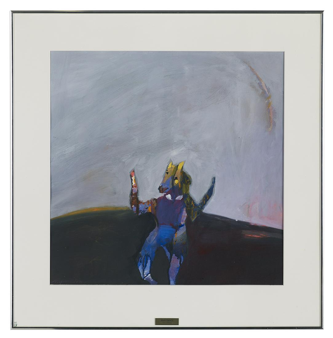 Anne Harding (American, Contemporary): Anne Harding (American, Contemporary) "Rain Dance" mixed media on paper signed lower left, titled on plaque. Matted, glazed and framed. sight 20-3/4" x 20-3/4", framed 28-1/2" x 28"