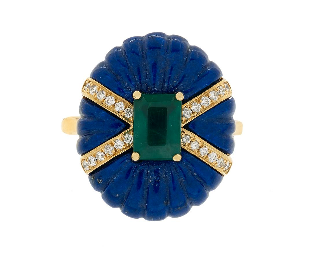 Emerald, Lapis Lazuli and Diamond Ring: Emerald, Lapis Lazuli and Diamond Ring 18k yellow gold, the ring mounted with an emerald-cut treated emerald weighing approximately 1.07 carats, set into carved calibrated-cut lapis lazuli and accente